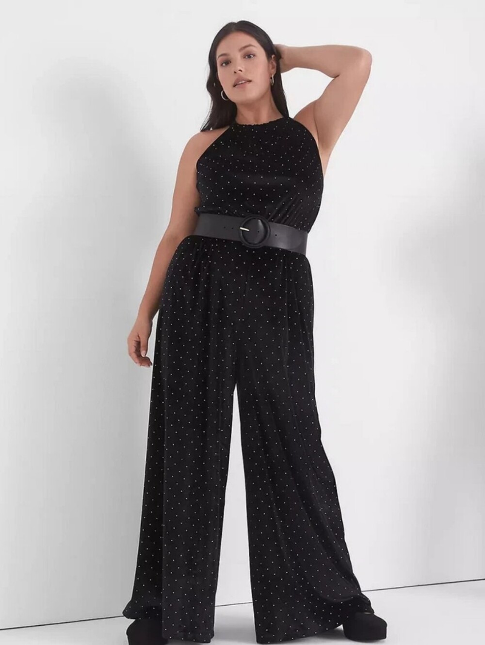 Lane Bryant Black Velvet Halter wide legs Plus Size Jumpsuit with Sparkle Dots